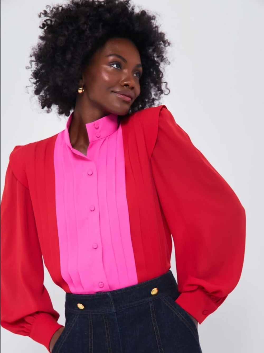 Tuckernuck + India Hicks Two-Tone Red & Hot Pink Pleated Button-Front Blouse